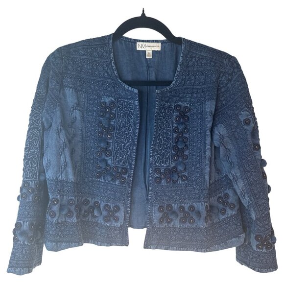 Neiman Marcus Womens Small Embroidered Cotton Jacket Midnight Blue - Picture 3 of 14